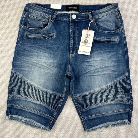 NEW Victorious Denim Jean Shorts Mens 38 Stretch Moto Blue Skater Hip Hop Grunge - Picture 1 of 9